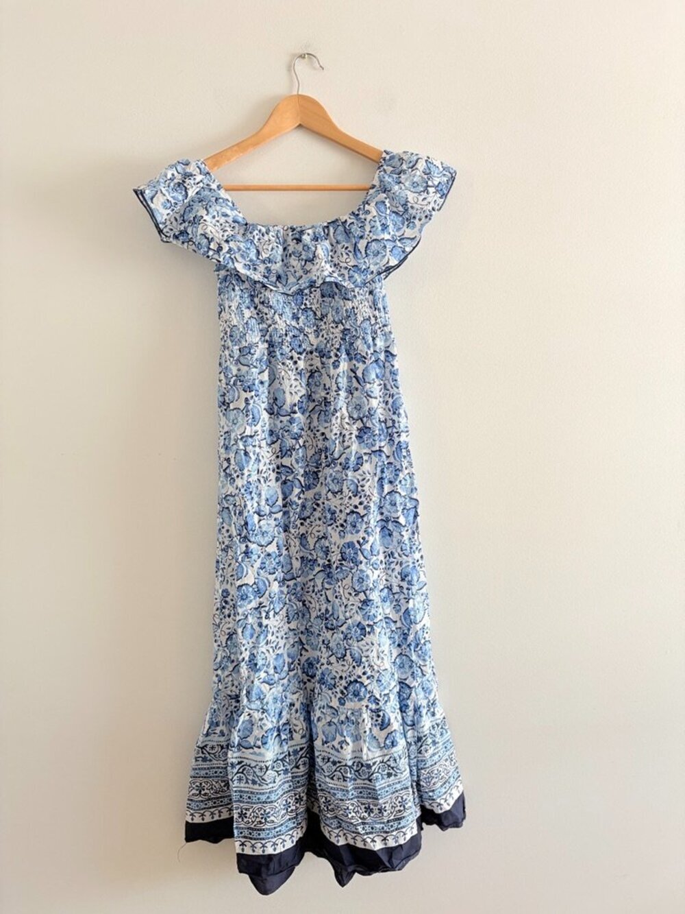 Zara Off The Shoulder Floral Print Maxi Dress Cotton Blue White Size Medium - Picture 5 of 8